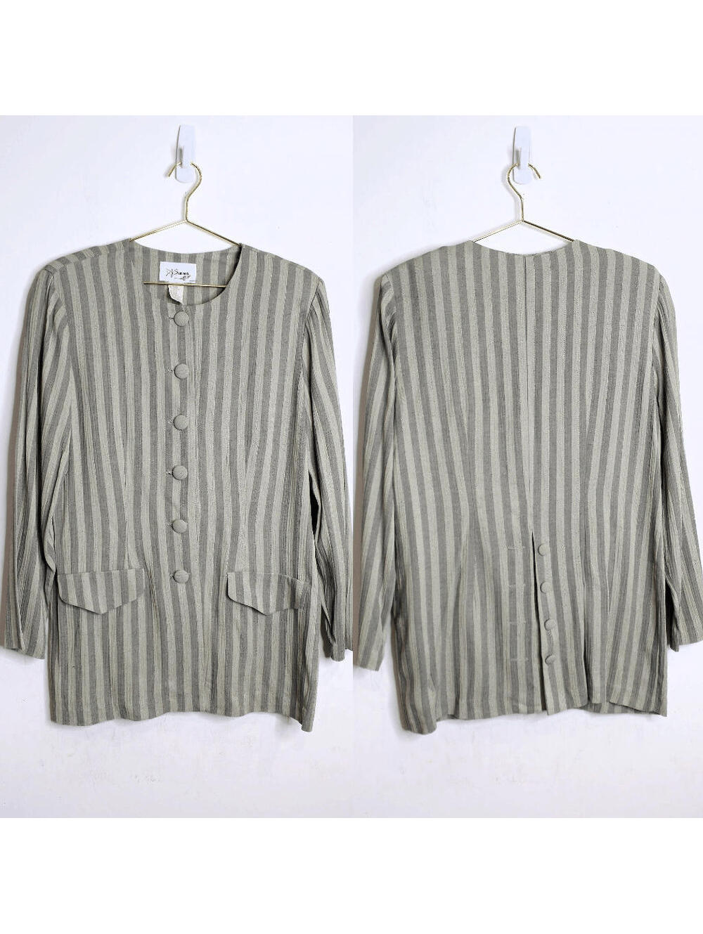 VTG Green 2 Tone Striped Long Sleeve Oversized Blouse - Large